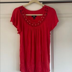 AGB Bright Red Short Sleeve Scoop Neck Top with Studded Cutouts large